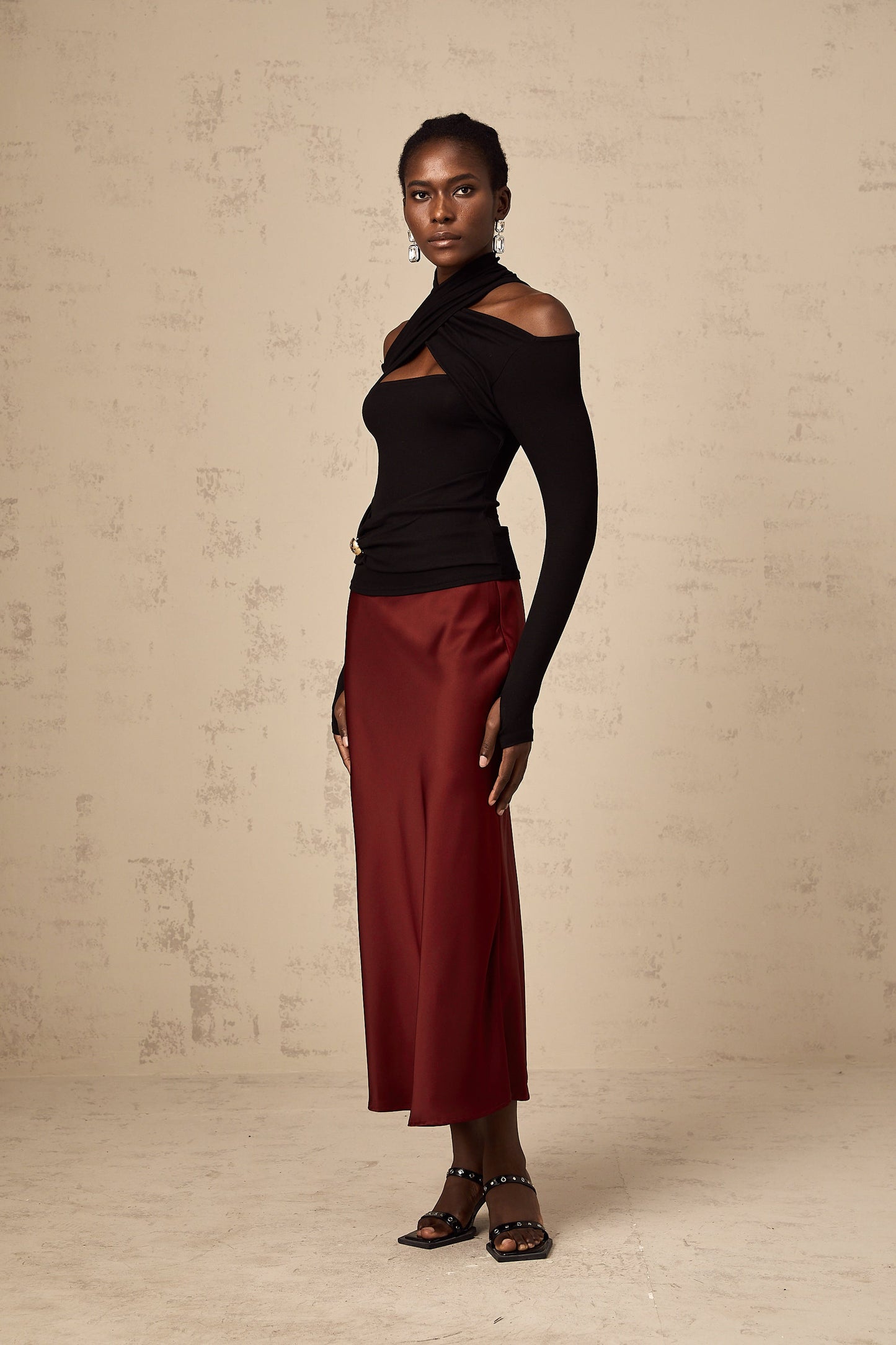 Vanessa red flared satin skirt