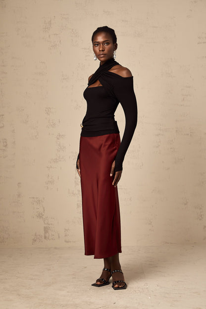 Vanessa red flared satin skirt