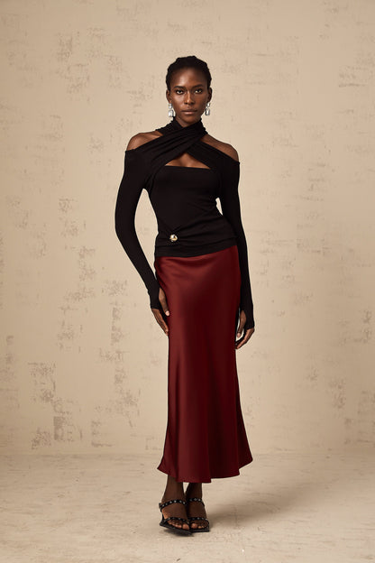 Vanessa red flared satin skirt