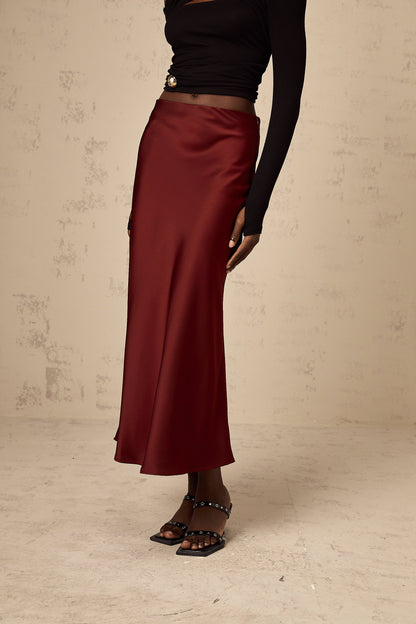 Vanessa red flared satin skirt