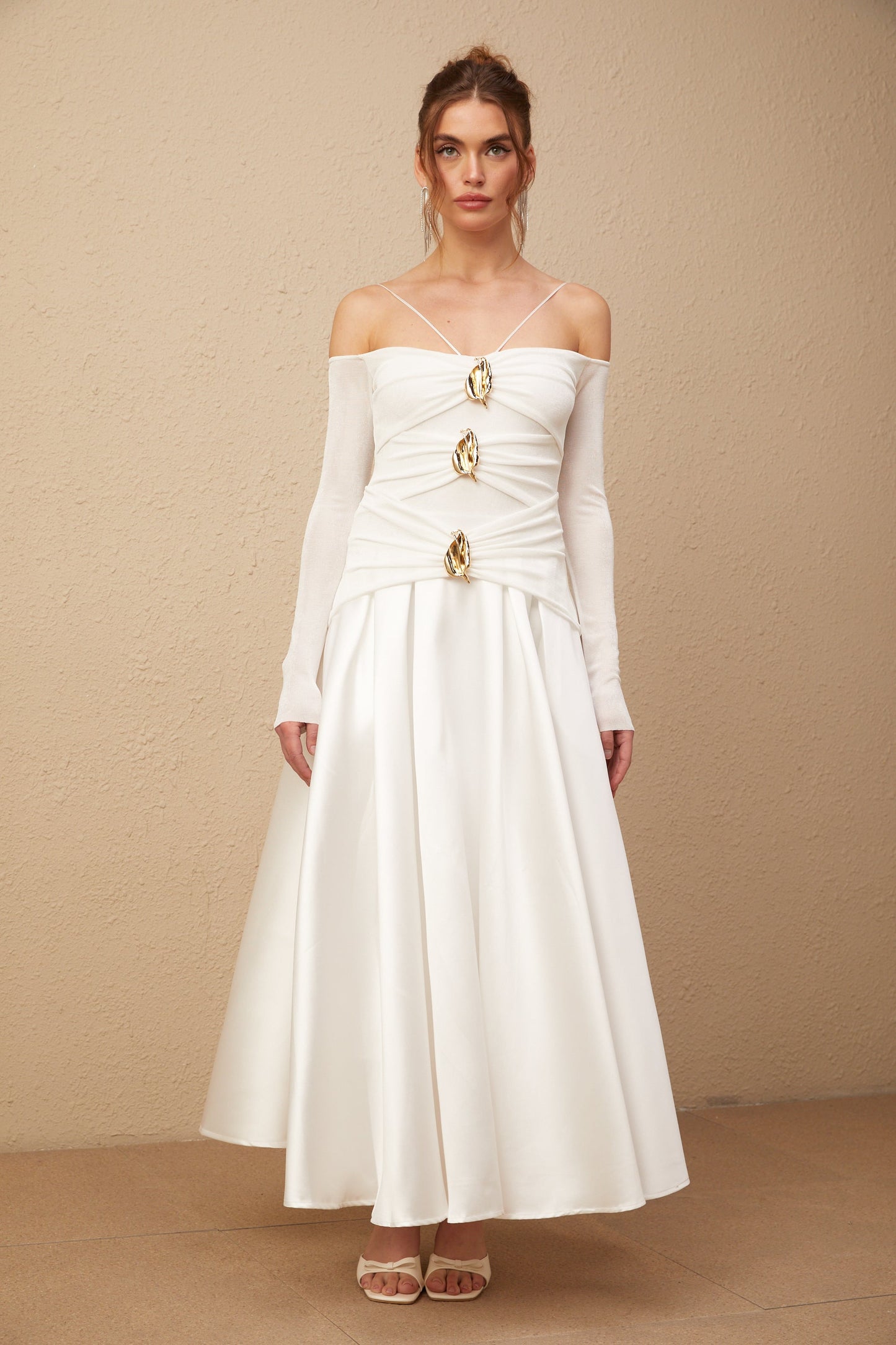 Nadine off-shoulder panelled maxi dress in White