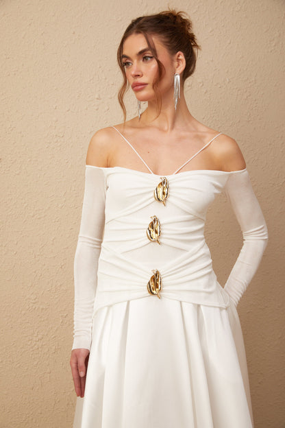 Nadine off-shoulder panelled maxi dress in White