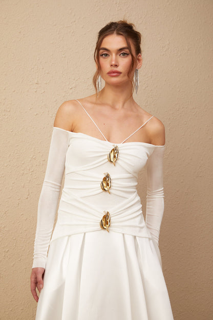 Nadine off-shoulder panelled maxi dress in White