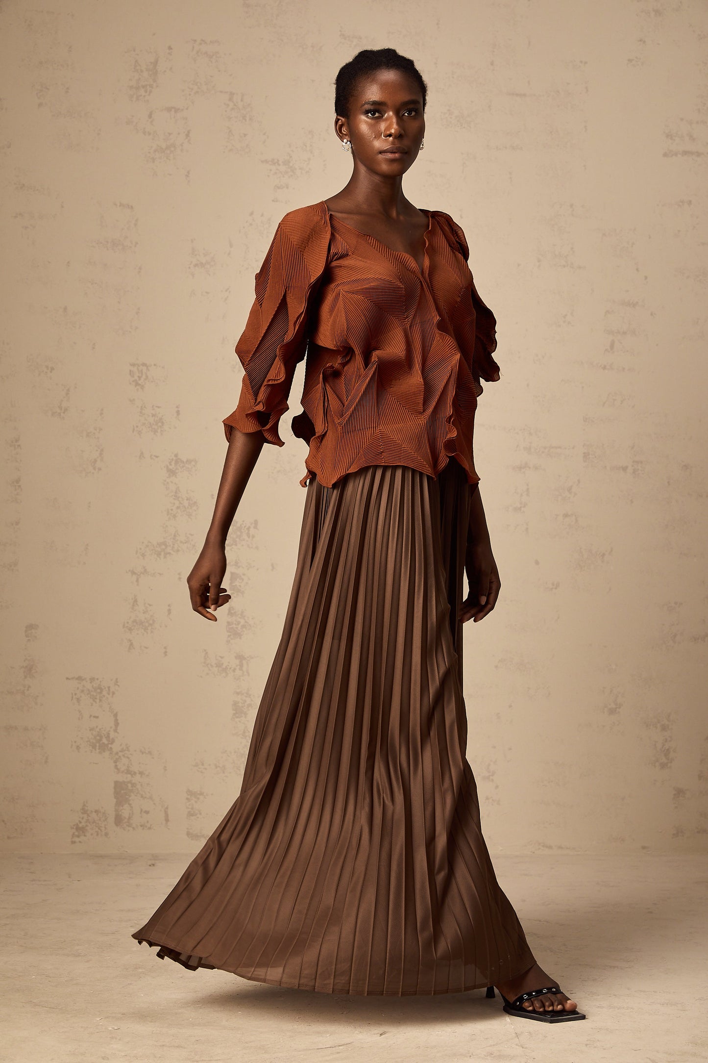 Demi brown creased top & skirt matching set