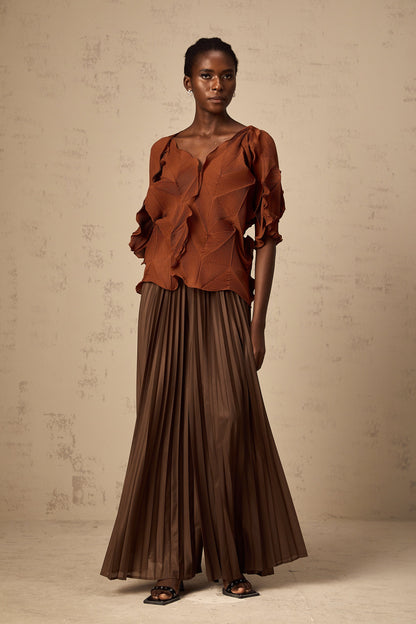 Demi brown creased top & skirt matching set