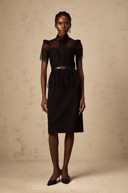 Thérèse black guipure-lace panelled midi dress (Without belt)