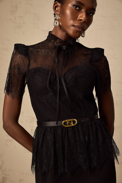 Thérèse black guipure-lace panelled midi dress (Without belt)