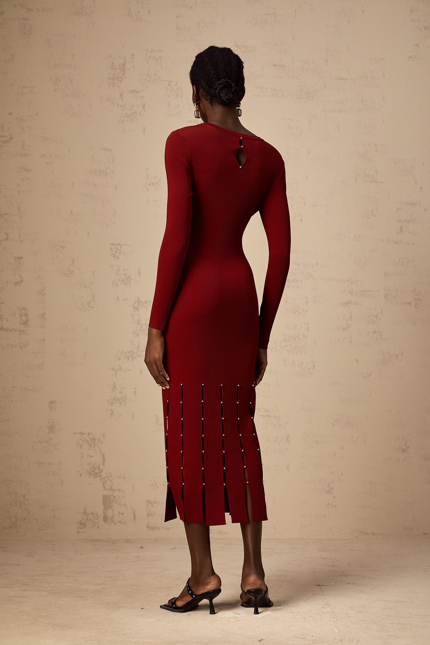 Hilaire red beaded long-sleeve cut-out knit midi dress