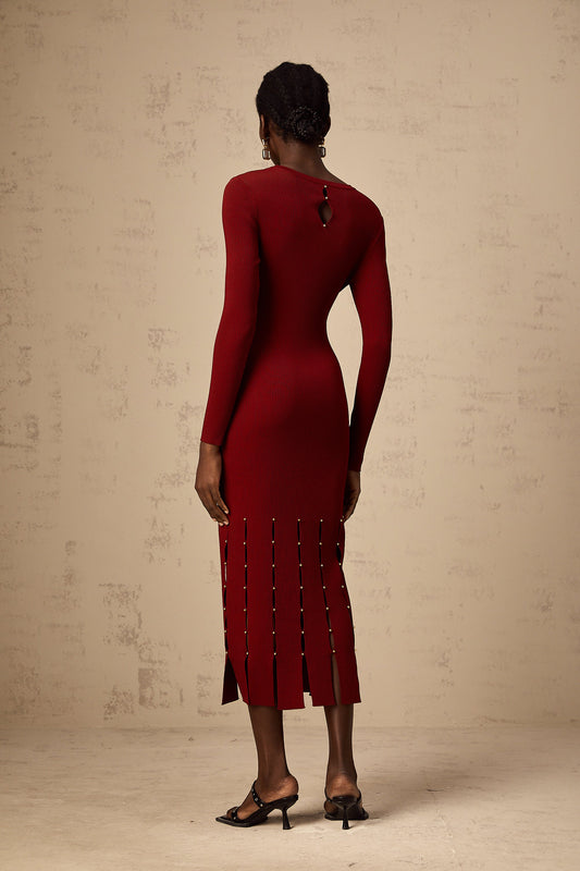 Hilaire red beaded long-sleeve cut-out knit midi dress
