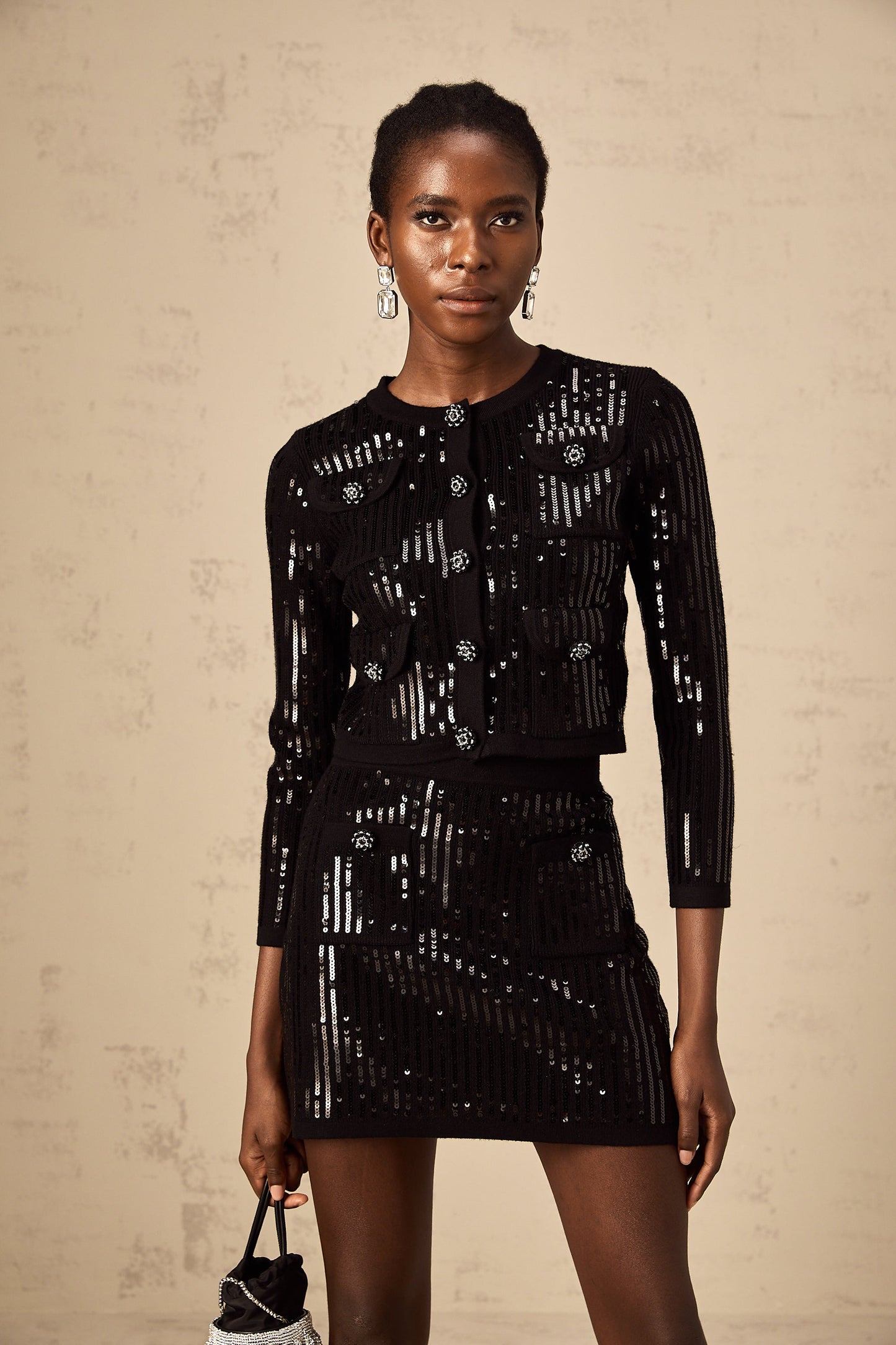 Iris black sequined ribbed-knit cardigan & skirt matching set