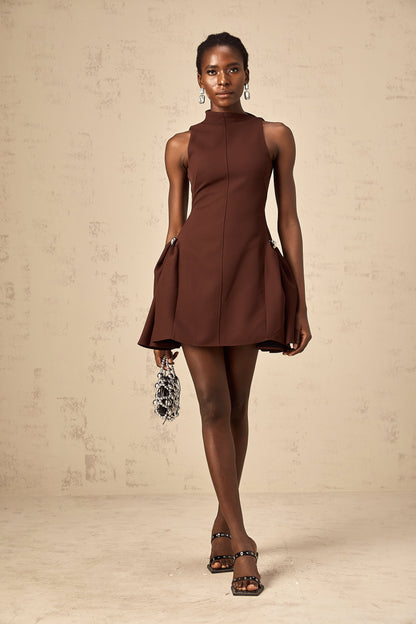 Dora brown asymmetrical-neck puff mini dress