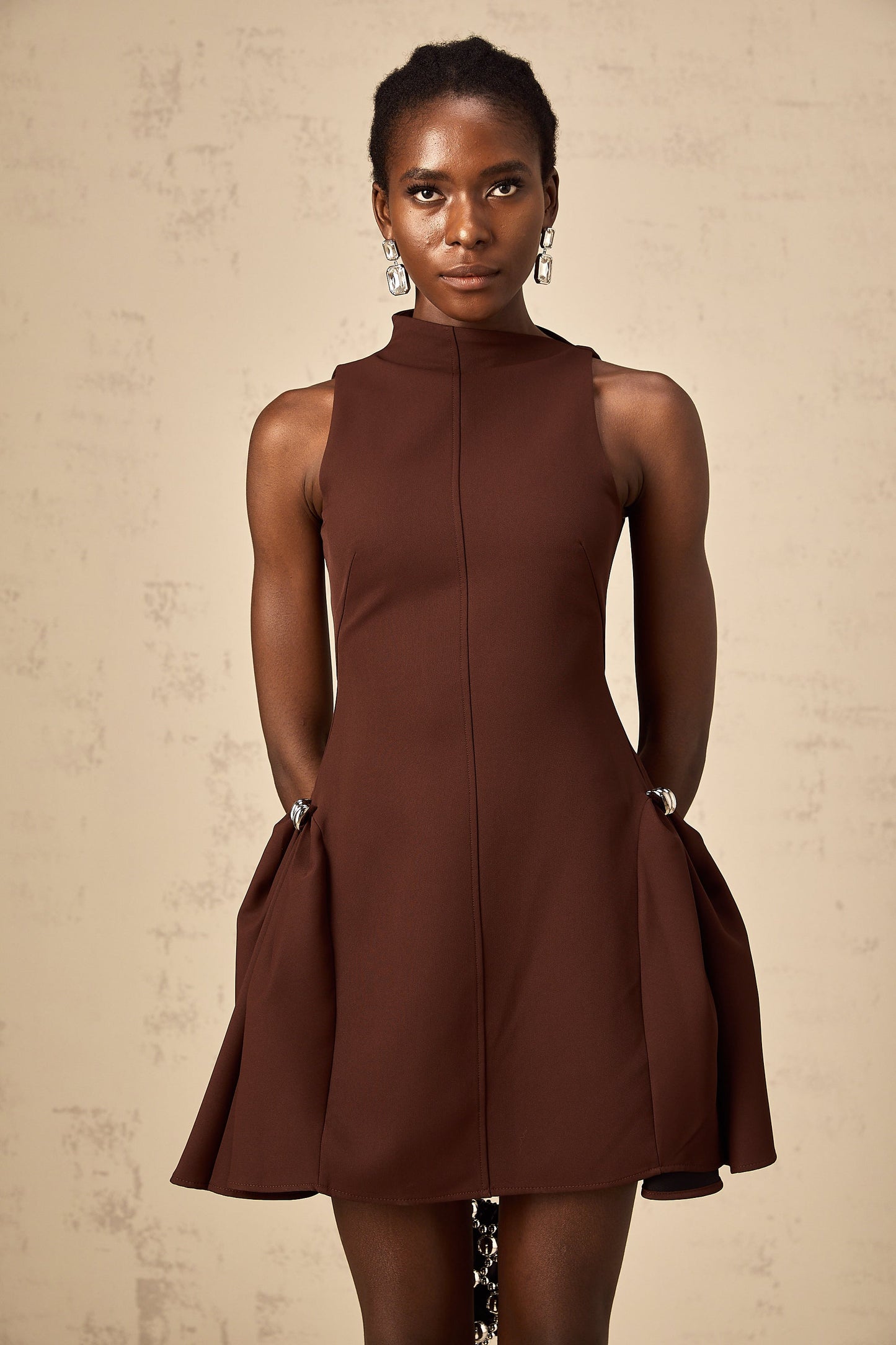 Dora brown asymmetrical-neck puff mini dress