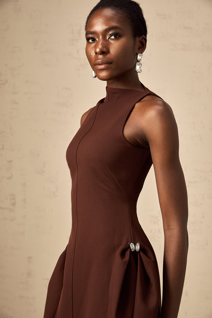 Dora brown asymmetrical-neck puff mini dress