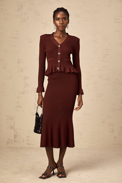 Corrine red ruffled knit top & skirt matching set