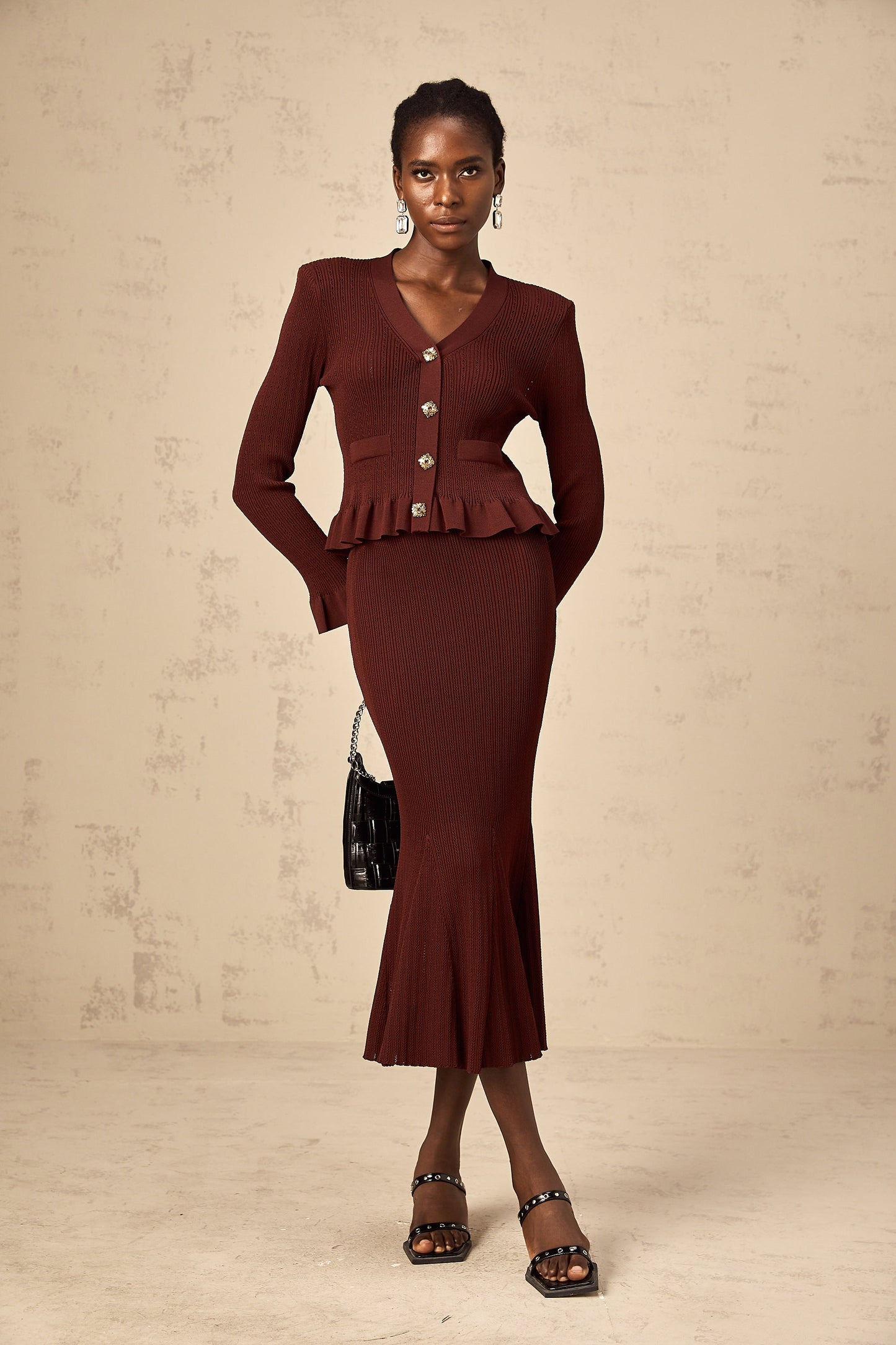 Corrine red ruffled knit top & skirt matching set