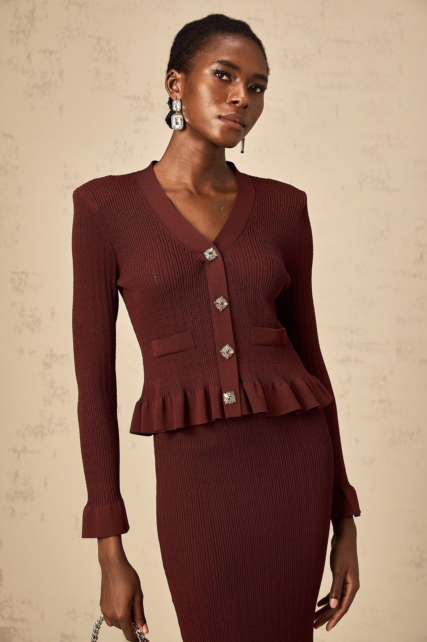 Corrine red ruffled knit top & skirt matching set