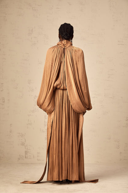 Mila Brown Pleated Satin Maxi Dress