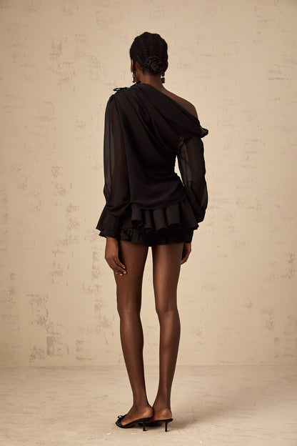 Andrea asymmetrical tulle blouse & skirt matching set in Black