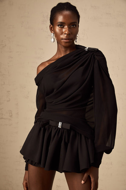 Andrea asymmetrical tulle blouse & skirt matching set in Black