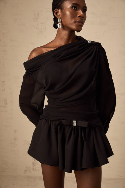 Andrea asymmetrical tulle blouse & skirt matching set in Black