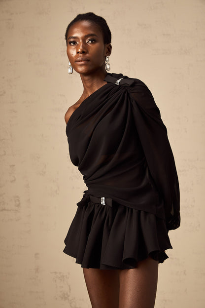 Andrea asymmetrical tulle blouse & skirt matching set in Black