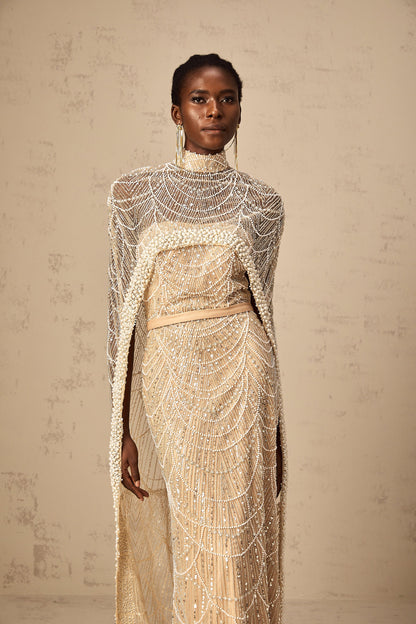 Frederica champagne beaded cape & gown matching set