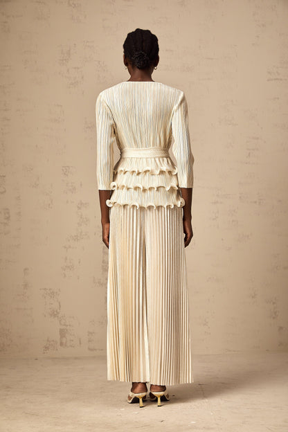 Cloris floral-appliqué ruffled pleated top & trousers