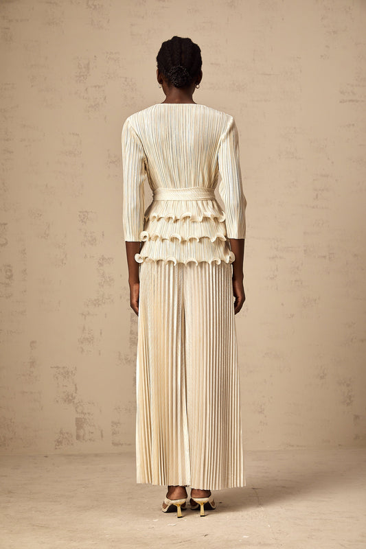 Cloris floral-appliqué ruffled pleated top & trousers