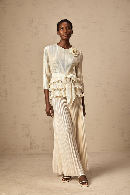 Cloris floral-appliqué ruffled pleated top & trousers