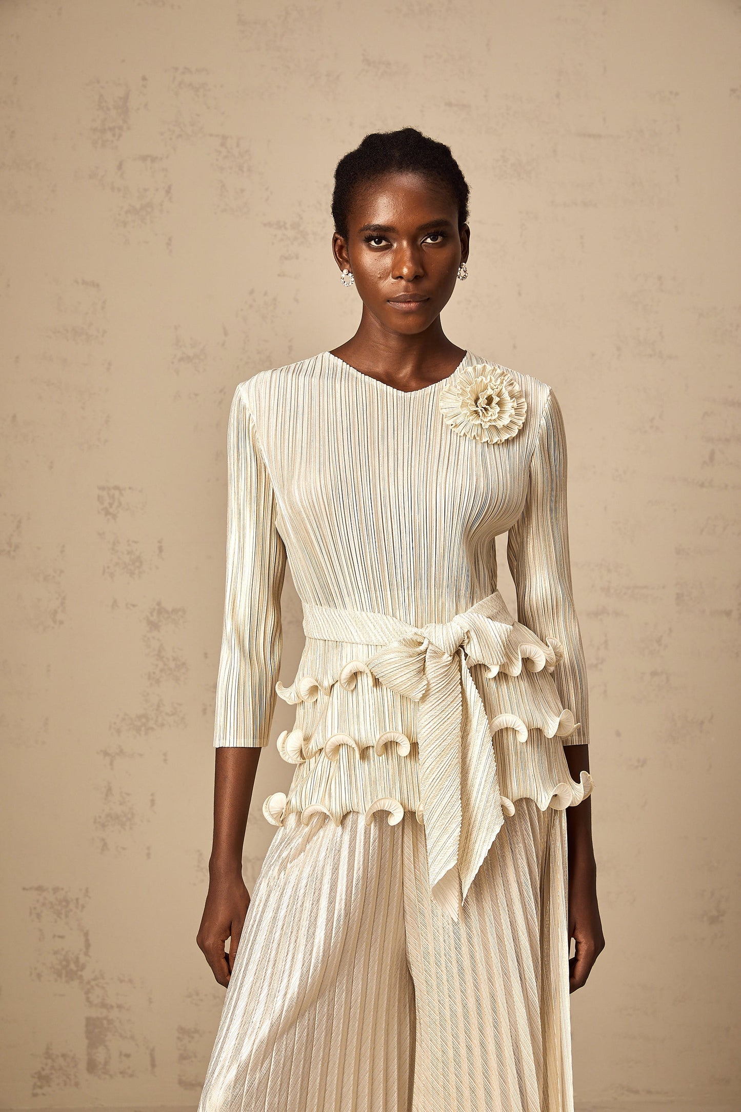 Cloris floral-appliqué ruffled pleated top & trousers