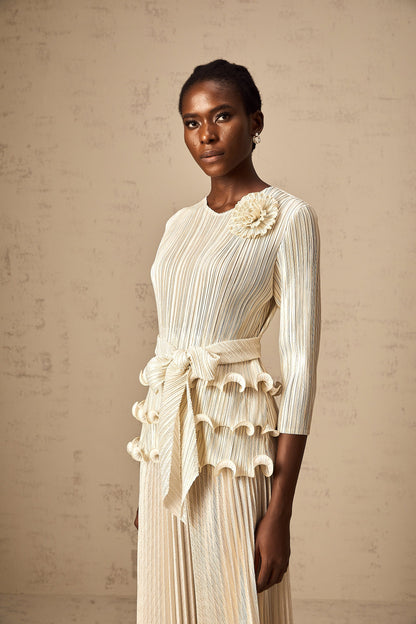 Cloris floral-appliqué ruffled pleated top & trousers