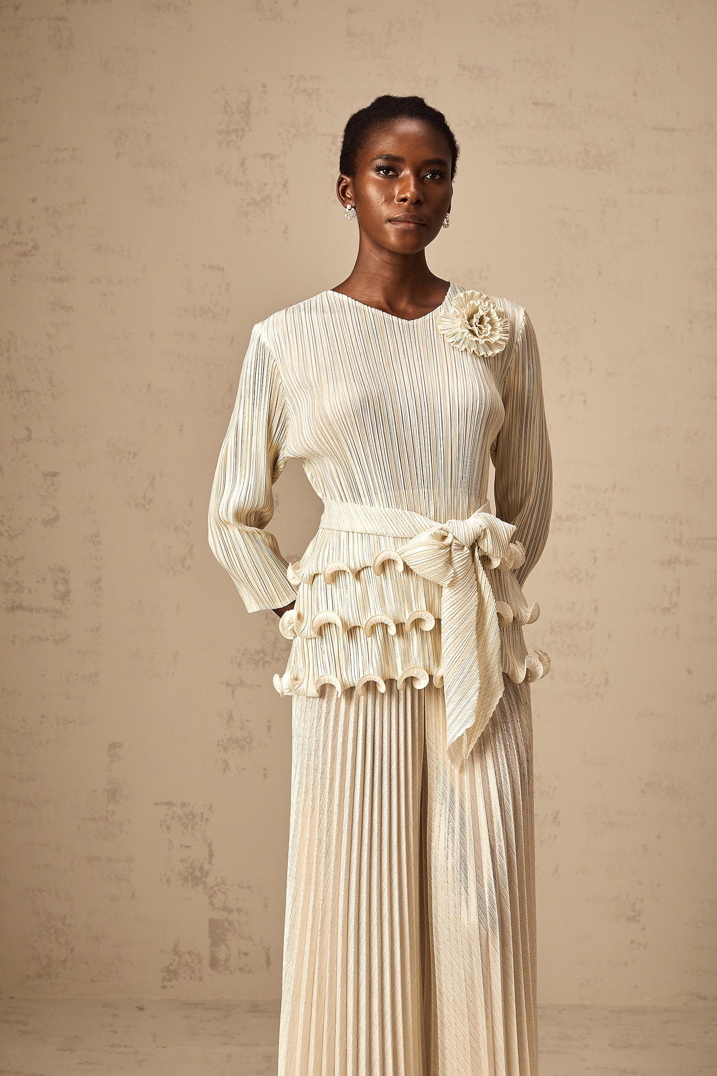 Cloris floral-appliqué ruffled pleated top & trousers