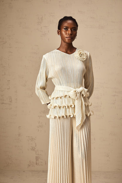 Cloris floral-appliqué ruffled pleated top & trousers