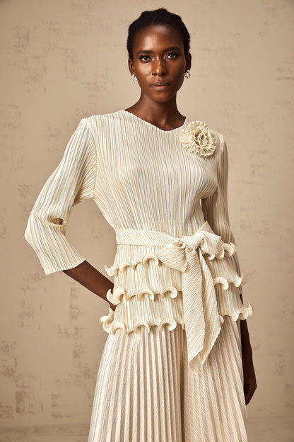 Cloris floral-appliqué ruffled pleated top & trousers
