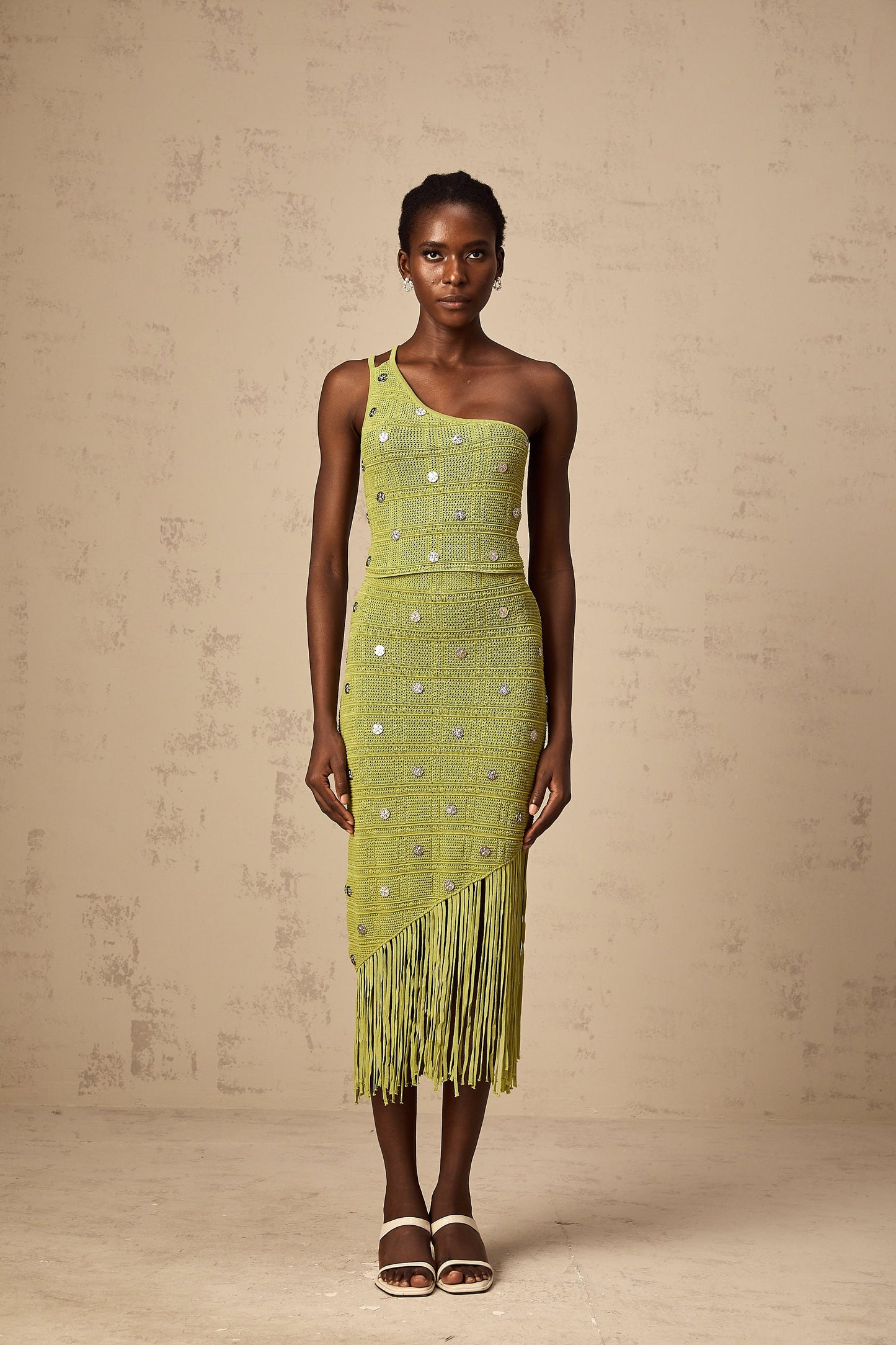 Annette green embellished knit top & skirt matching set