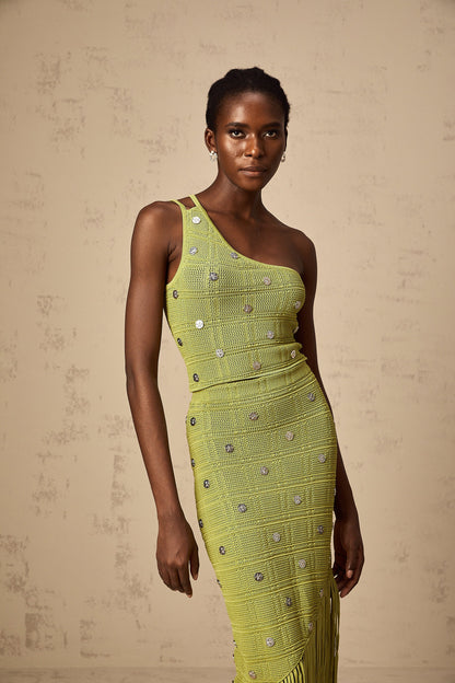 Annette green embellished knit top & skirt matching set