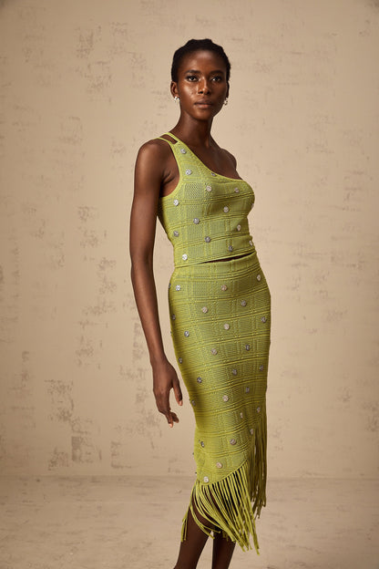 Annette green embellished knit top & skirt matching set