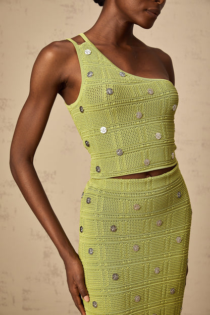 Annette green embellished knit top & skirt matching set