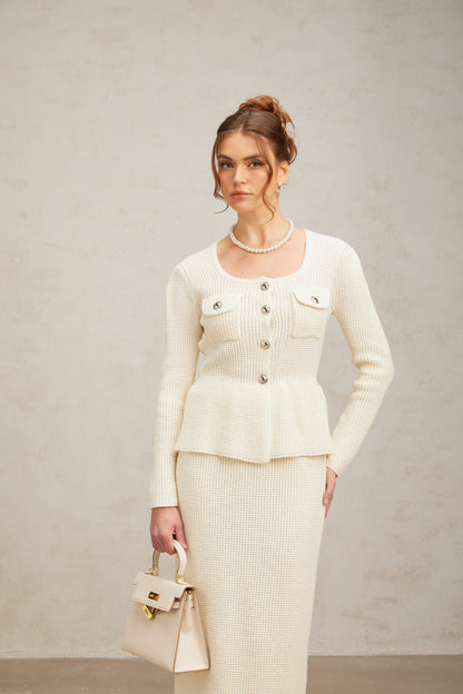 Manon white knitted top & skirt matching set