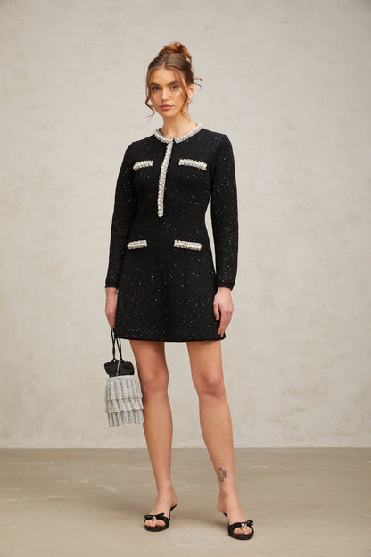 Marta black crystal sequined knit mini dress
