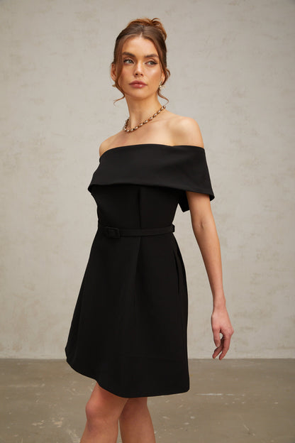 Greta black off-shoulder belted mini dress