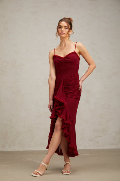Viviane ruffle draped maxi dress in Red