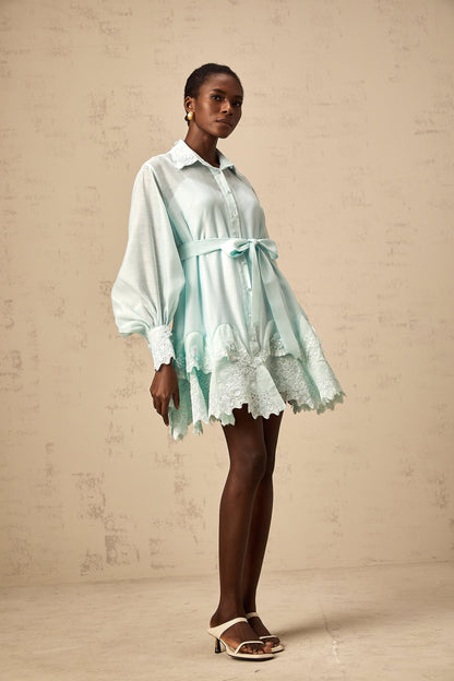 Ivana green lace-panel mini shirt dress