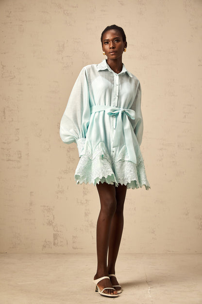 Ivana green lace-panel mini shirt dress