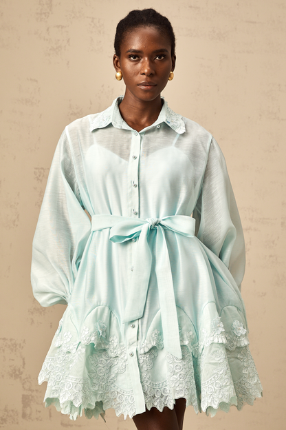 Ivana green lace-panel mini shirt dress