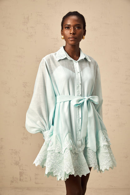 Ivana green lace-panel mini shirt dress