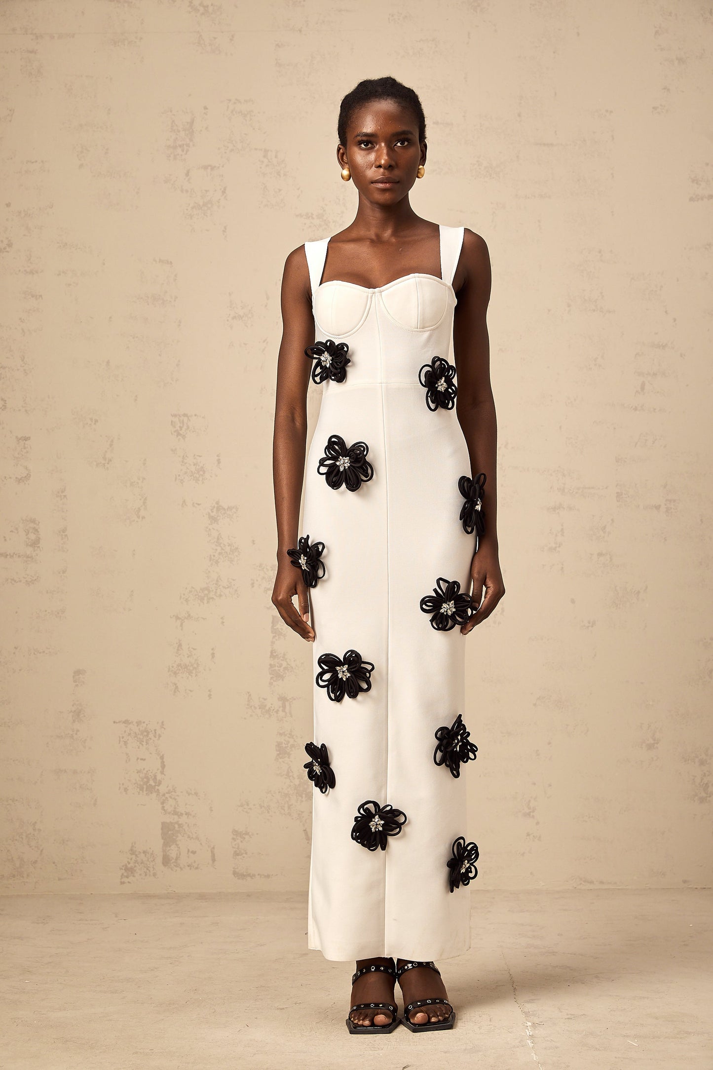 Olivia white floral-appliqué bandage maxi dress