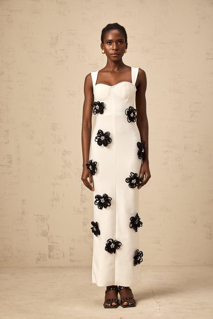 Olivia white floral-appliqué bandage maxi dress
