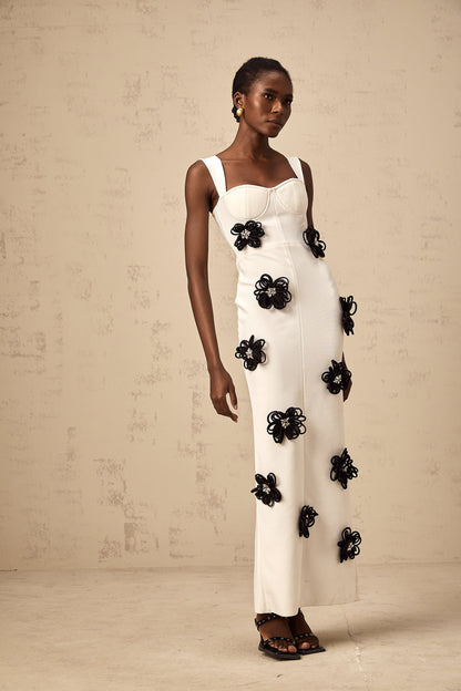 Olivia white floral-appliqué bandage maxi dress