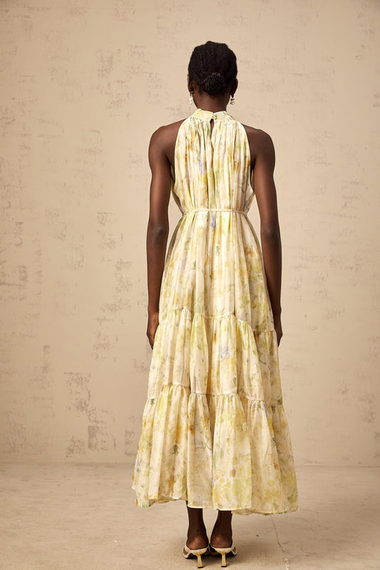 Ulani floral-print sleeveless midi dress in Yellow